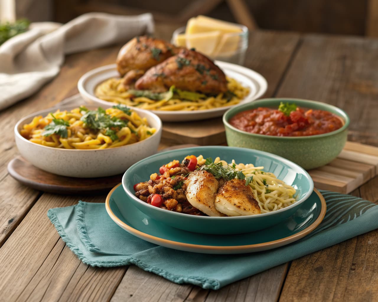 Three anchor dinner plates on a table: roasted chicken, rice and beans, and pasta