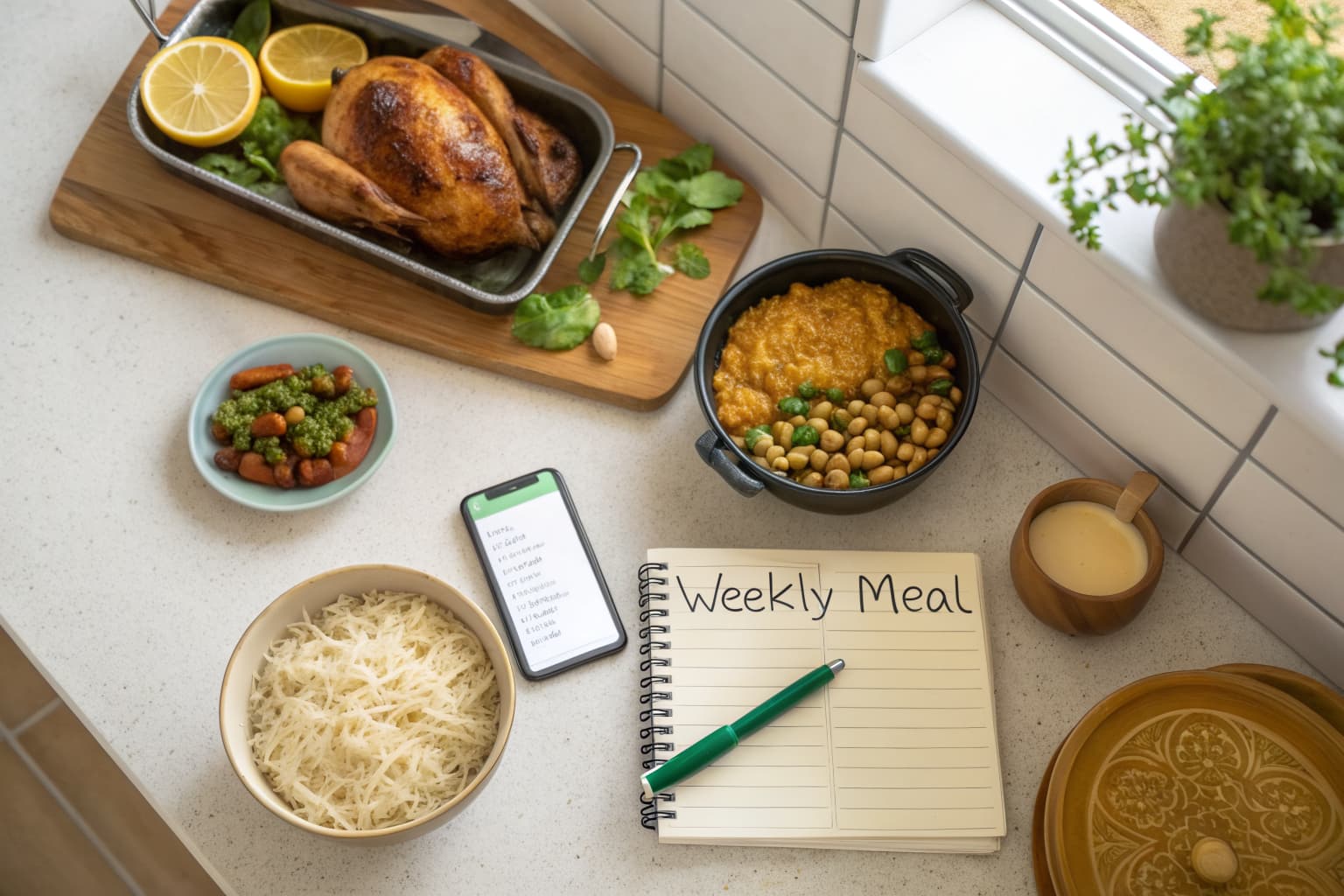 Overhead view of a kitchen counter with three anchor meals, a phone showing a grocery cart, and a weekly meal notebook