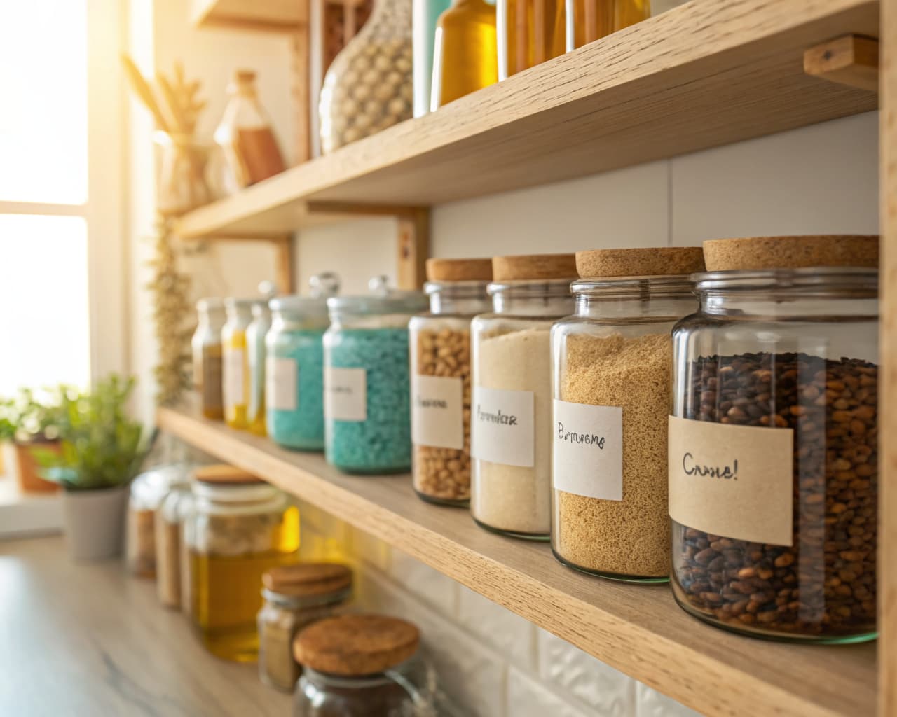 Organized pantry shelf with jars of rice, beans, oil, and spices